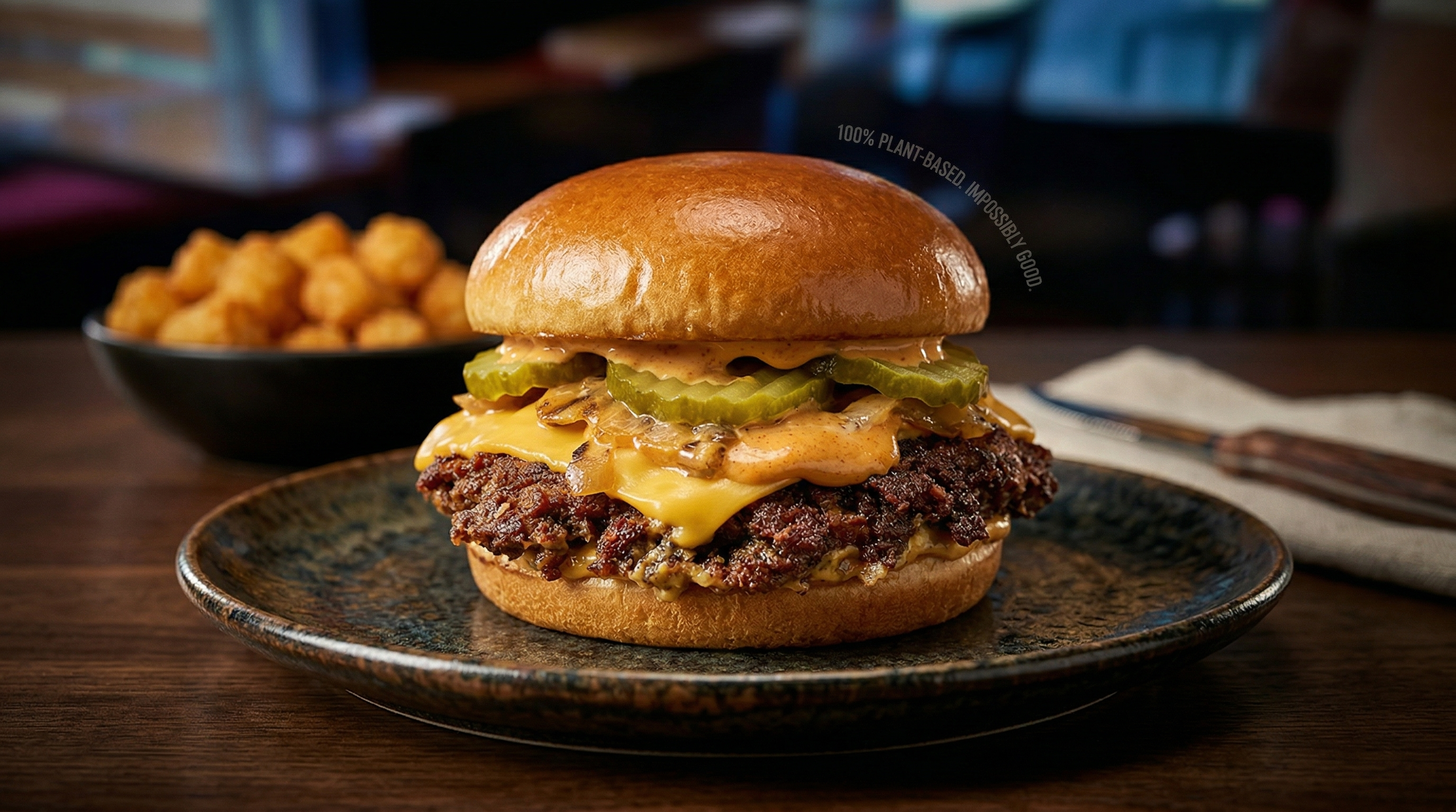 It Is Possible vegan smash burger with Impossible patty and caramelized onions