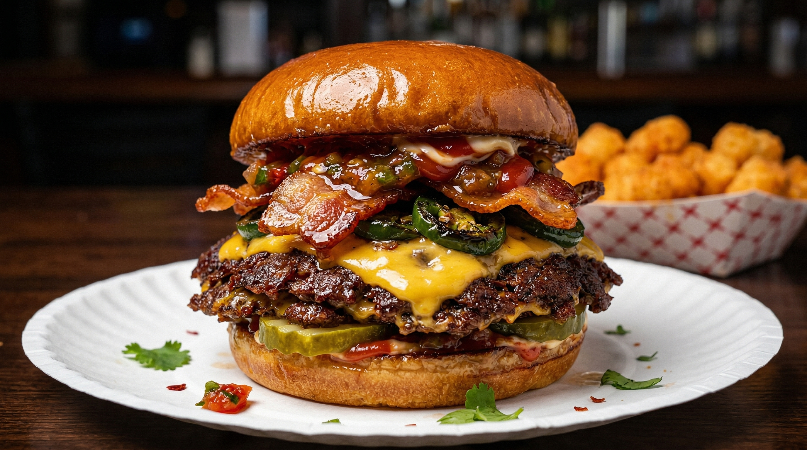 Sweet Heat Burger with grilled jalapeños, bacon, and house-made salsa