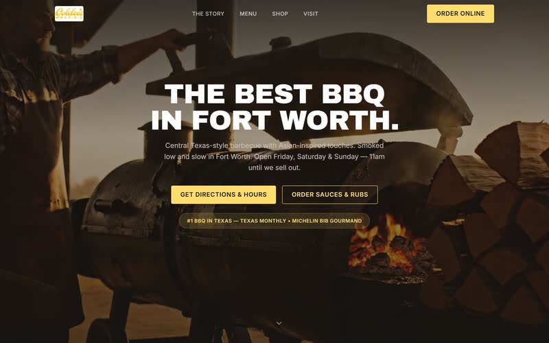 Goldee's Bar-B-Q concept site. A pitmaster at an offset smoker behind the headline The best BBQ in Fort Worth.