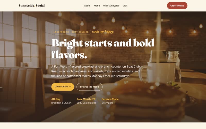 Sunnyside Social concept site. Pancakes and a skillet on a cream layout with the headline Bright starts and bold flavors.